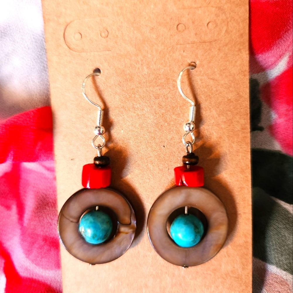 Handmade earrings, genuine stone/shell/coral/wood. Sterling silver earwire
